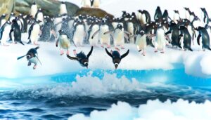 penguins emerge from water