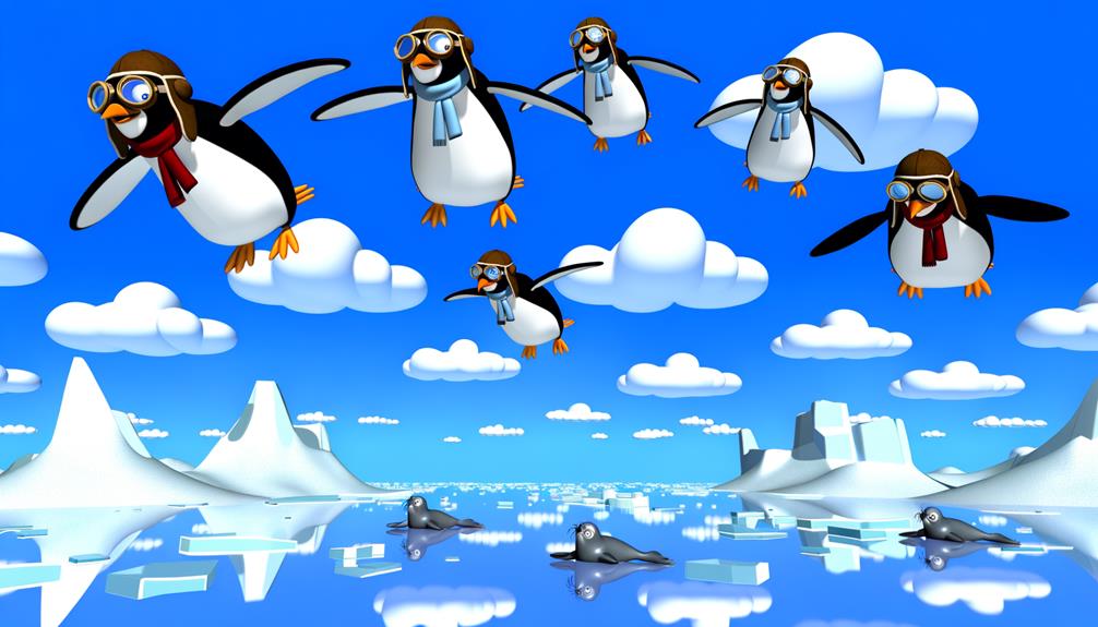 penguins soaring through sky