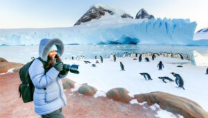 photographing penguins in antarctica