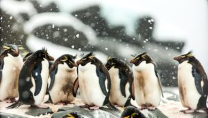 rockhopper penguins in cold