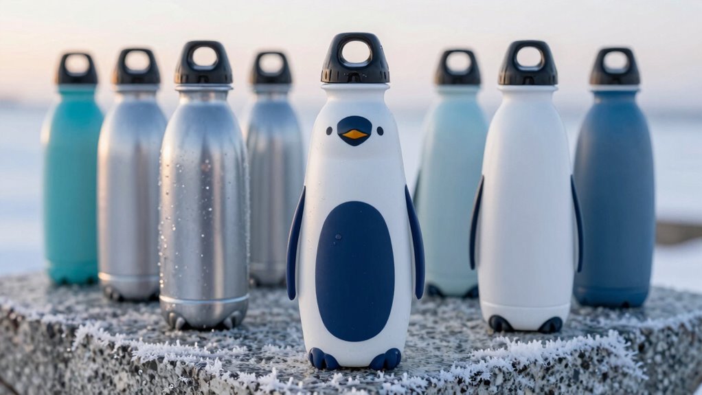 eight penguin themed water bottles